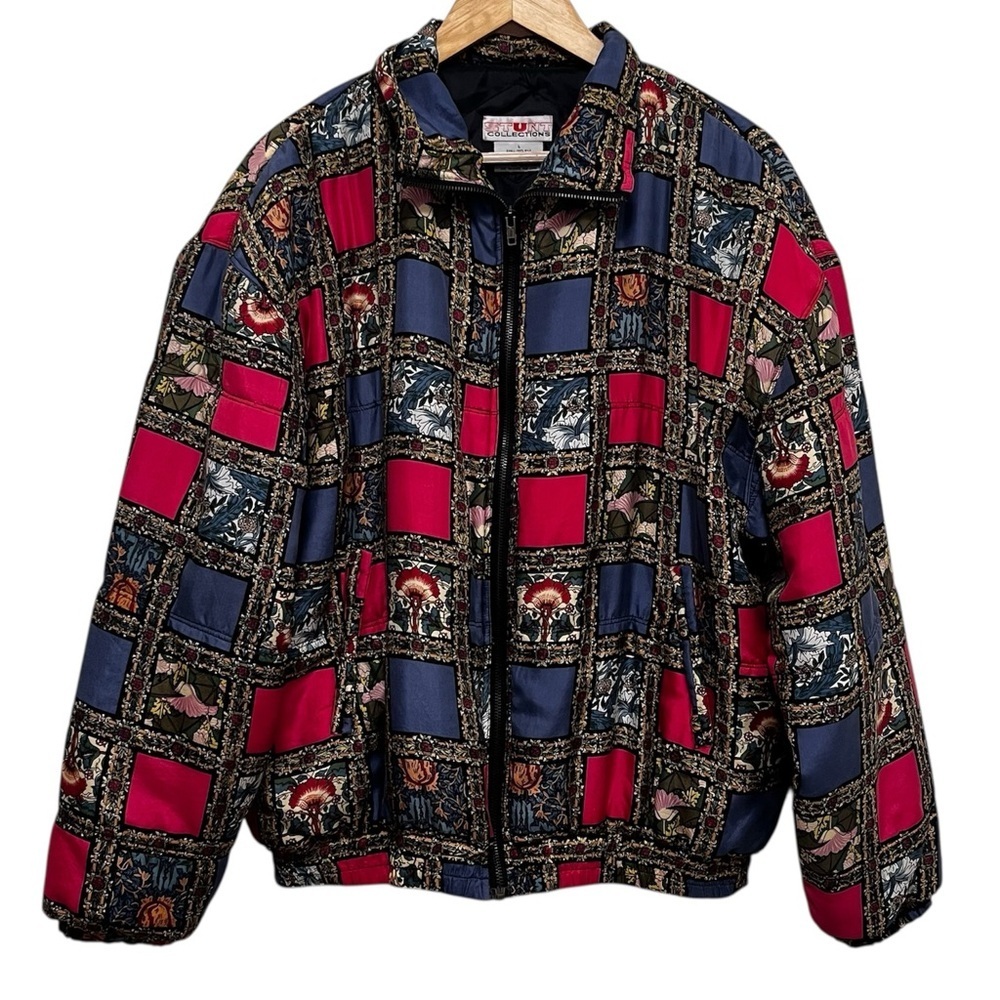 VINTAGE 100% Silk Puffer Coat By Stunt Collections Stain Glass Look Size Large